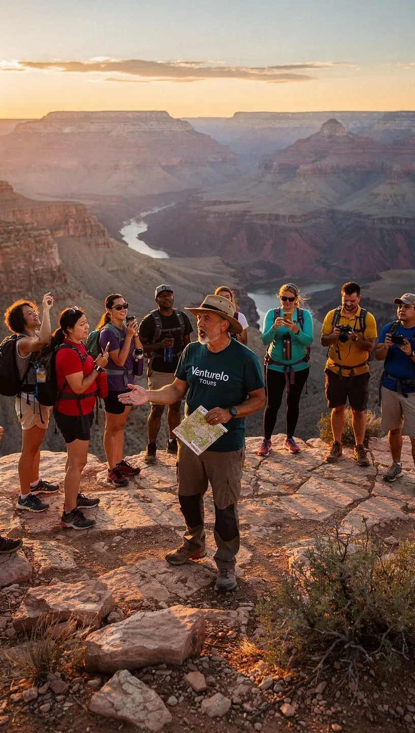 Przewodnik turystyczny prowadzący wycieczkę po miejskich atrakcjach, z widokiem na nowoczesne budynki.
