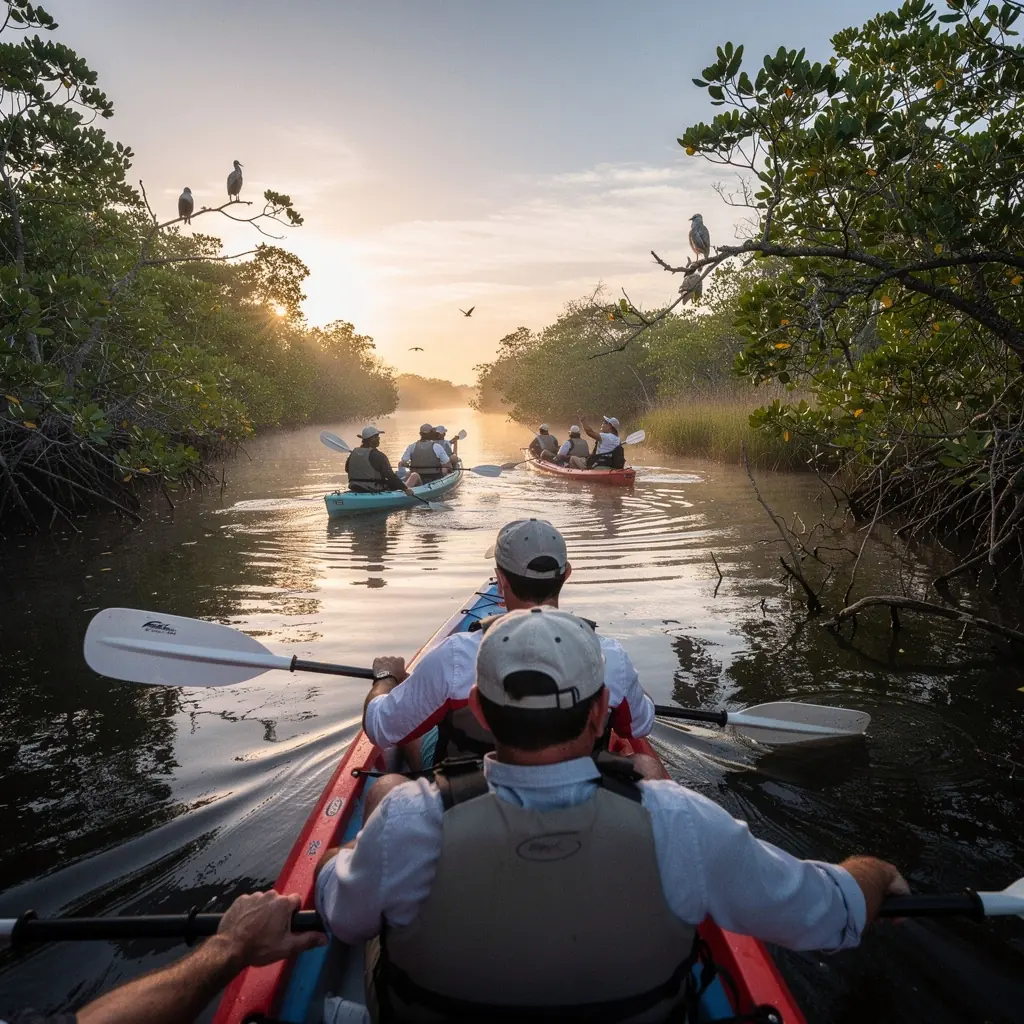 Przewodnik turystyczny wskazujący na mapie ciekawe miejsca w mieście, z uśmiechniętymi uczestnikami wycieczki.