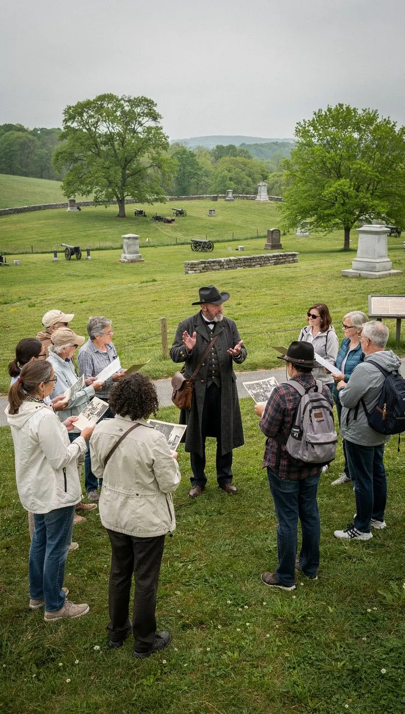 Przewodnik turystyczny omawiający atrakcje w centrum miasta dla grupy podróżnych.