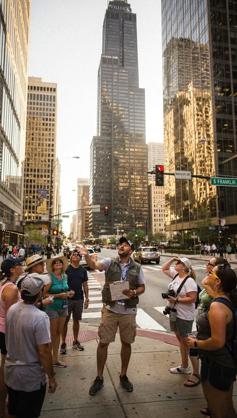 Autobus turystyczny zatrzymujący się w malowniczym mieście, z turystami gotowymi do odkrywania lokalnych atrakcji.