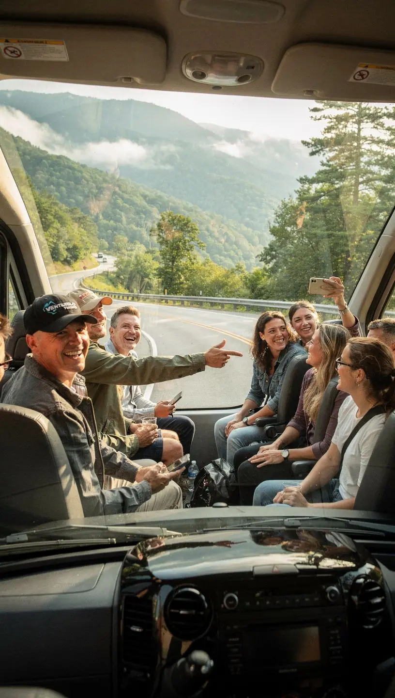 Autobus turystyczny zatrzymujący się przy popularnym punkcie widokowym w parku narodowym.