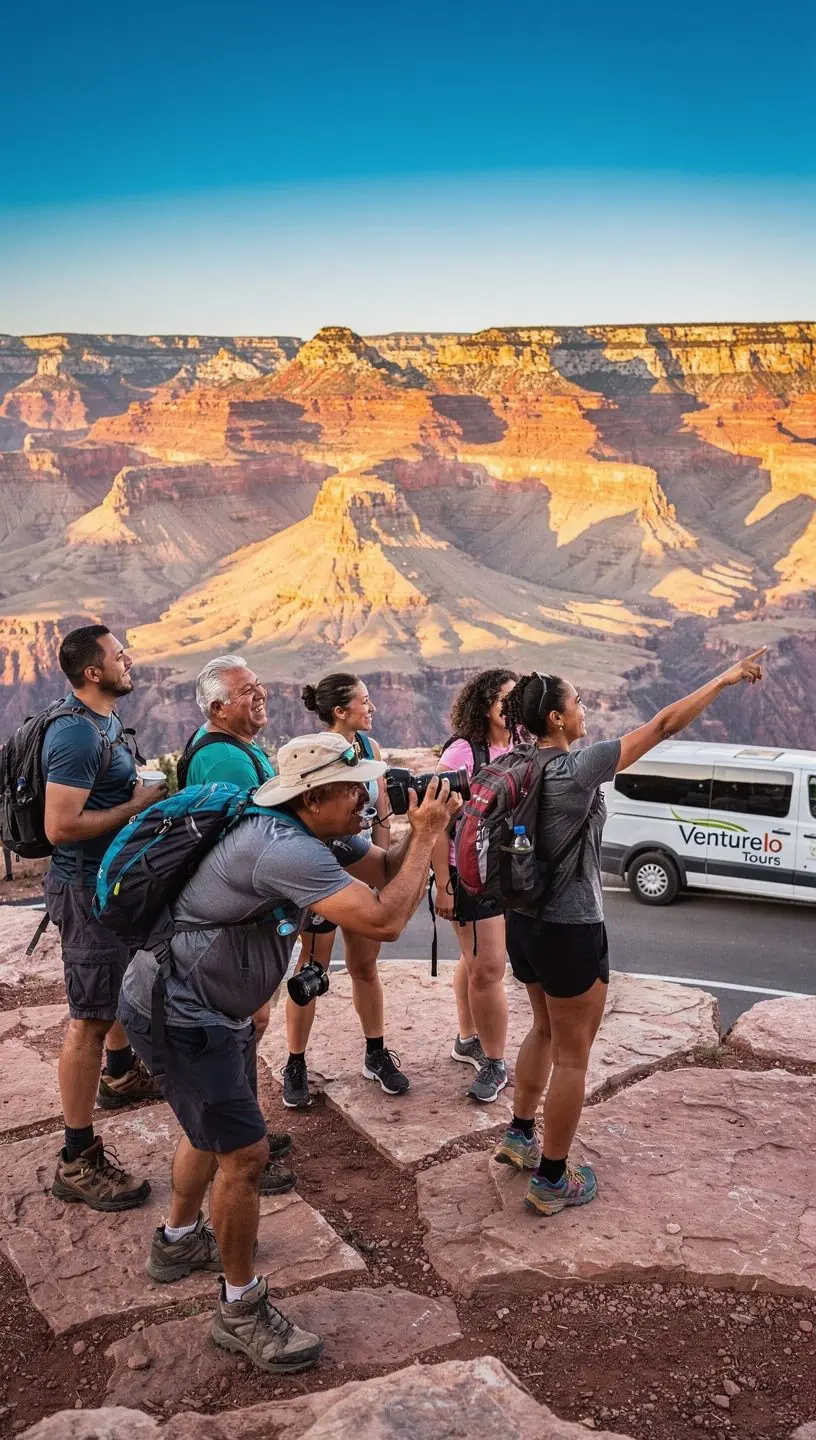 Autobus turystyczny zatrzymujący się przy popularnej atrakcji turystycznej, z ludźmi wysiadającymi na zwiedzanie.